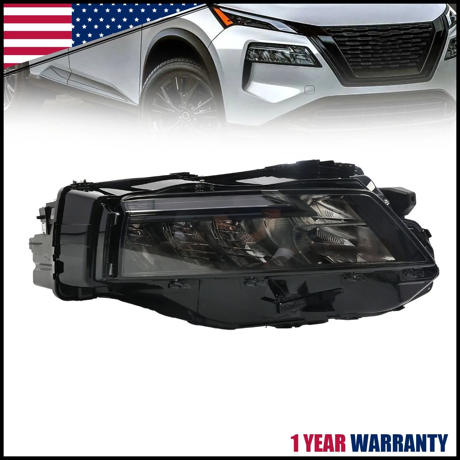 LED Headlight for Nissan Rogue S (2021–2023) - Passenger Side, Black Trim