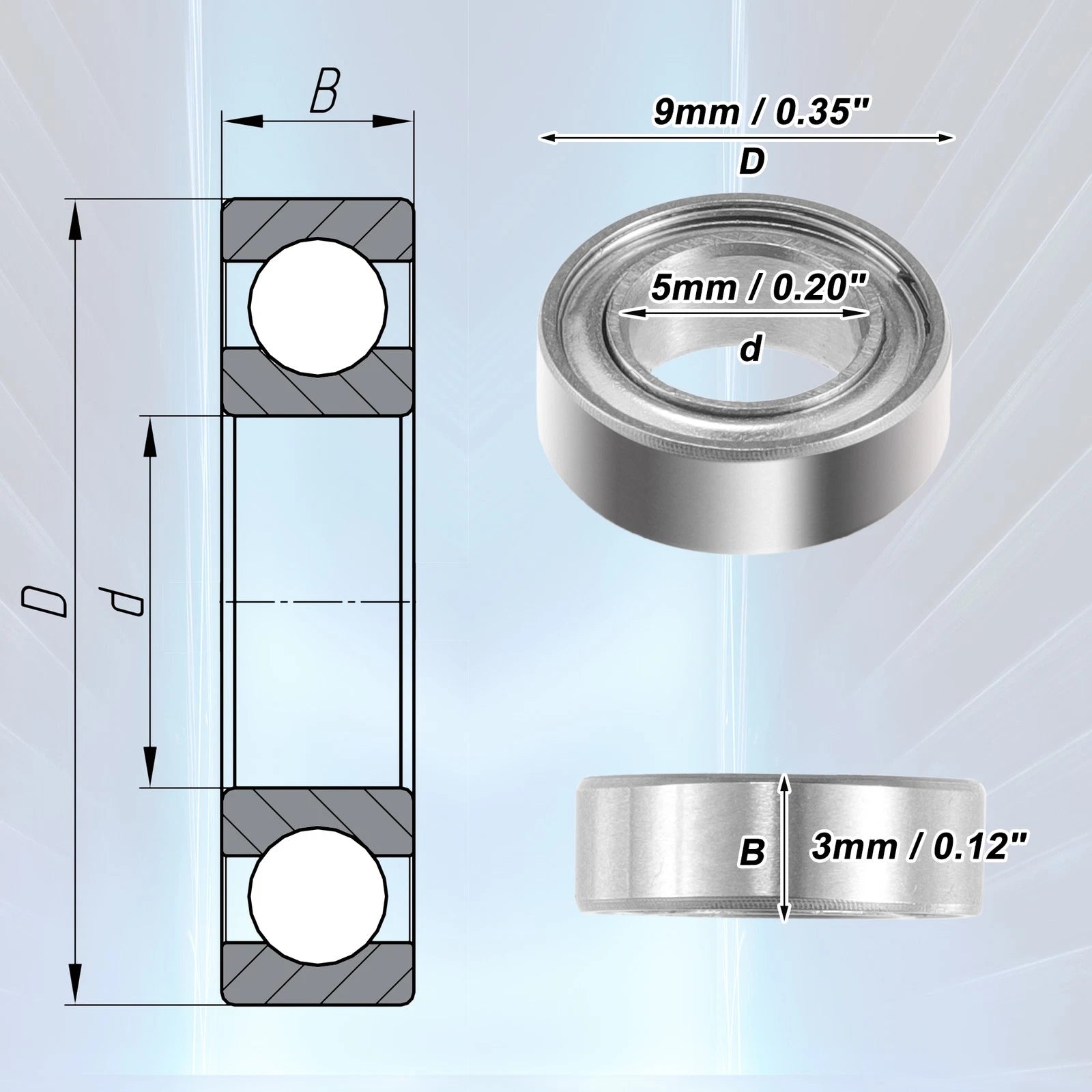 10 Pcs MR95ZZ Deep Groove Ball Bearings for Auto Car (5x9x3mm)