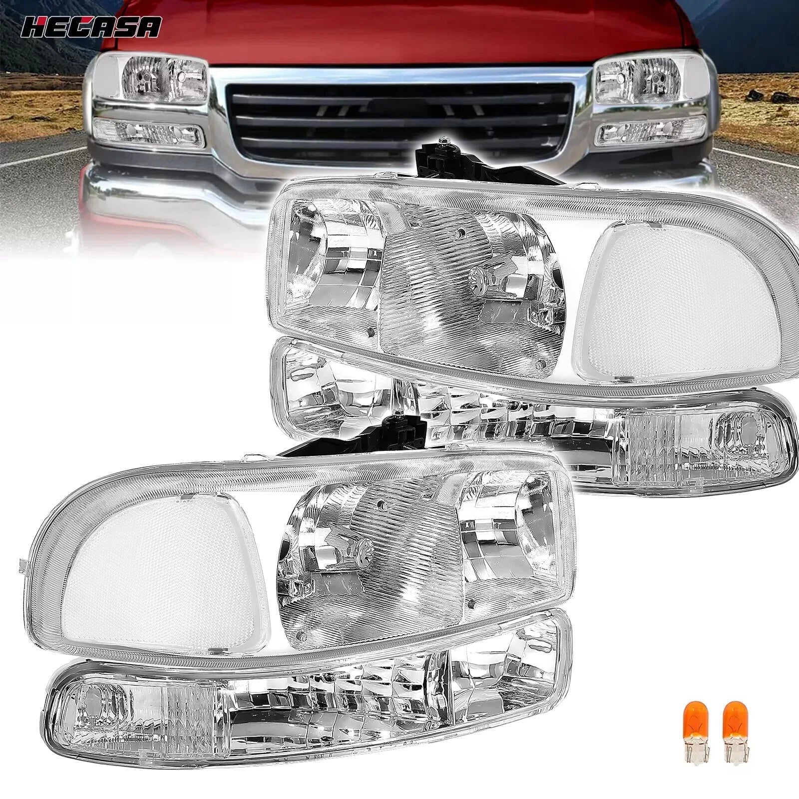 Headlights w/ Bumper Lamps for GMC Sierra 1500 2500 Yukon XL (1999–2007)