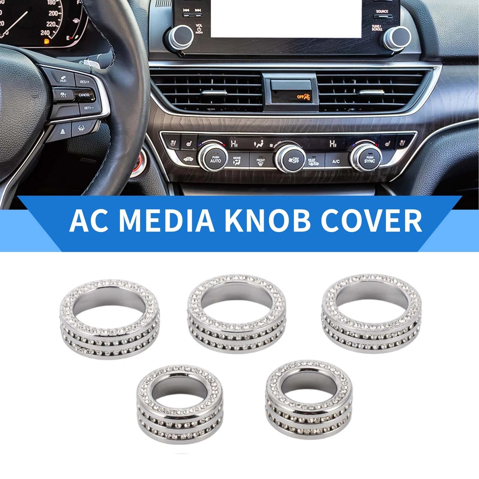 Set of 5 AC Media Tune Switch Knob Cover Ring for Honda Accord (2018–2022) Silver Tone