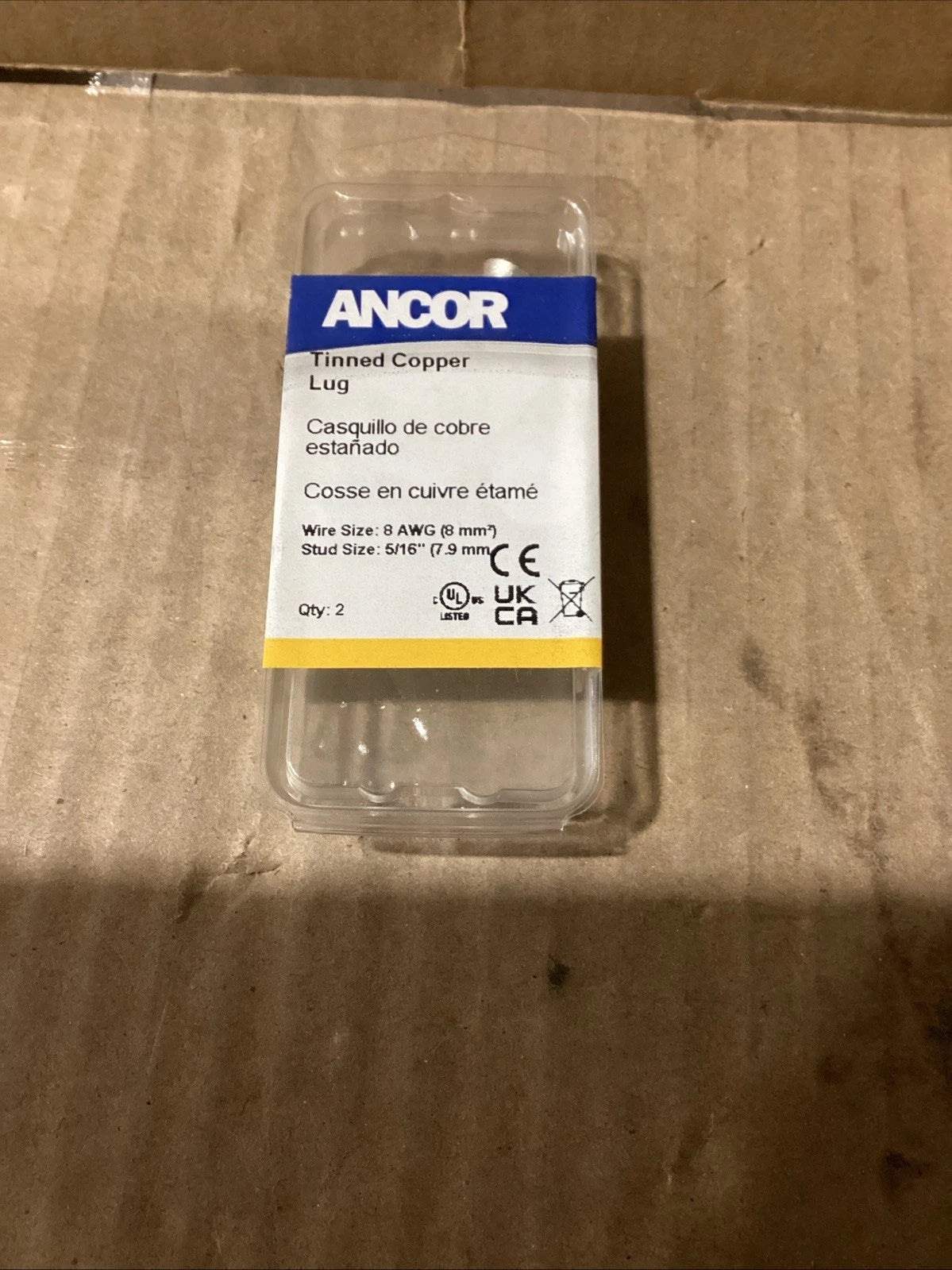Set of 2 Tinned Copper Lugs 8 AWG 5/16" Stud for Ancor 252235