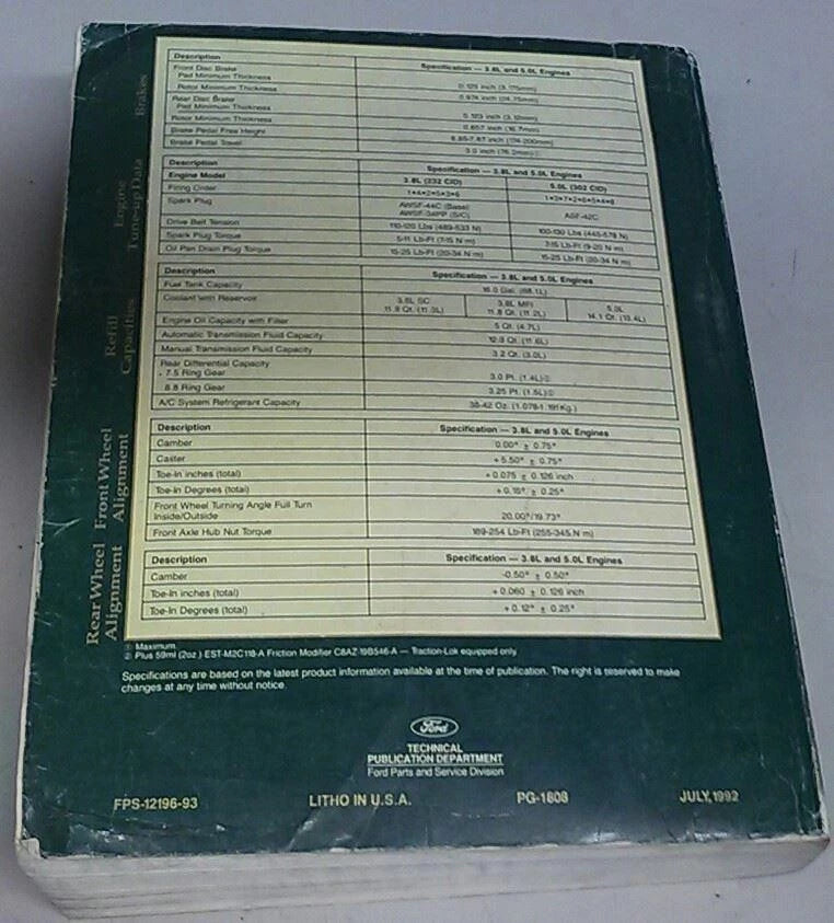 OEM Car Shop Service Manual for Thunderbird Cougar (1993) FPS-12196-93