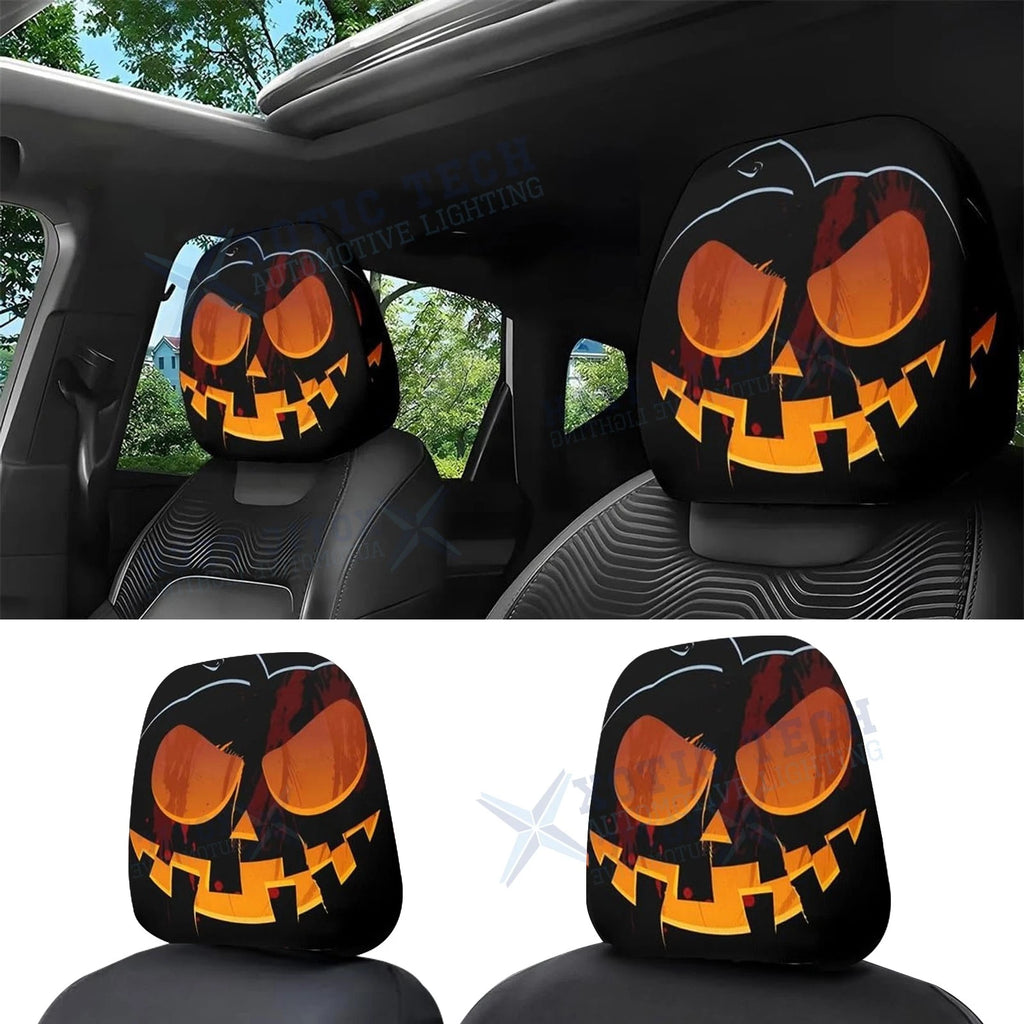 Universal Front Seat Halloween Scary Pumpkin Grin Mask Headrest Cover (—–—)