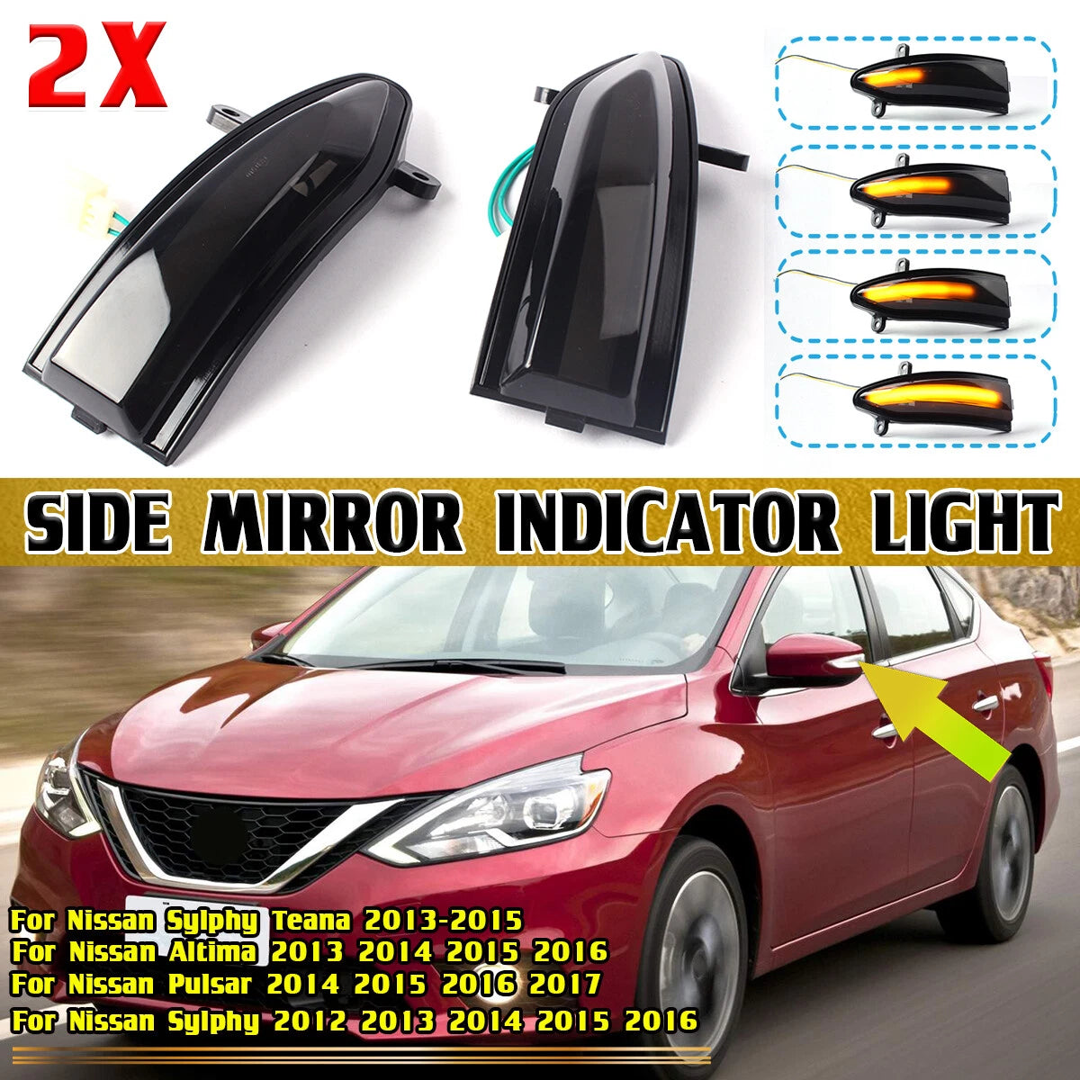 Sequential LED Side Mirror Turn Signal Light for Nissan Altima Teana Sentra (2013)