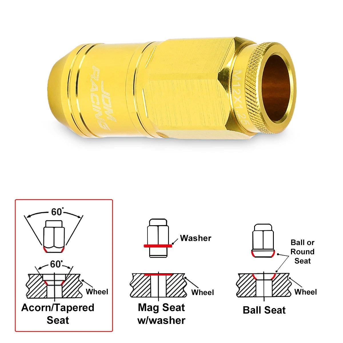 20Pc M12X1.25 Gold JDM Open End Cone Wheel Lug Nuts + Spline Locks + Key