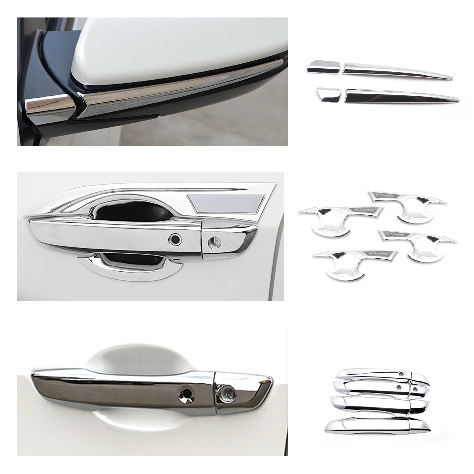 Chrome Keyless Door Handle Bowl and Side Mirror Stripe Cover for Civic (2016-2021)