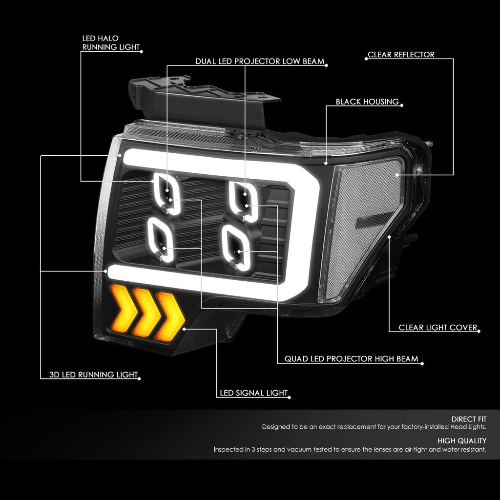 LED DRL Halo Projector Headlights for Ford F-150 (2009–2014)