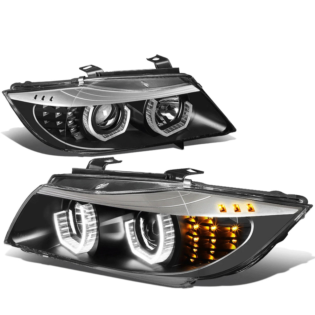 Pair of Dual LED U Halo Projector Headlights for BMW E90 3-Series (2006–2008)