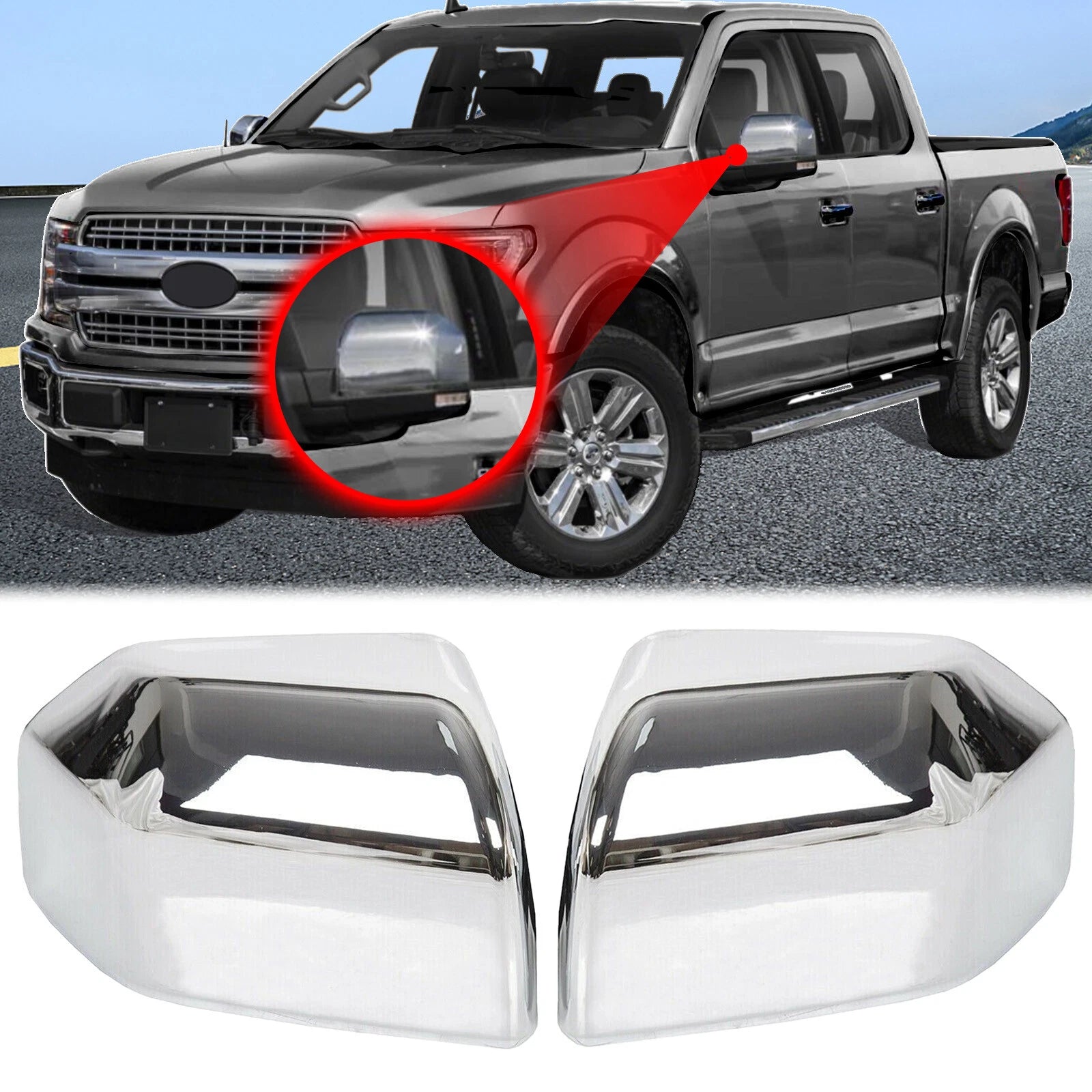 Set of 2 Chrome Mirror Cover Caps for Ford F-150 (2015–2020)