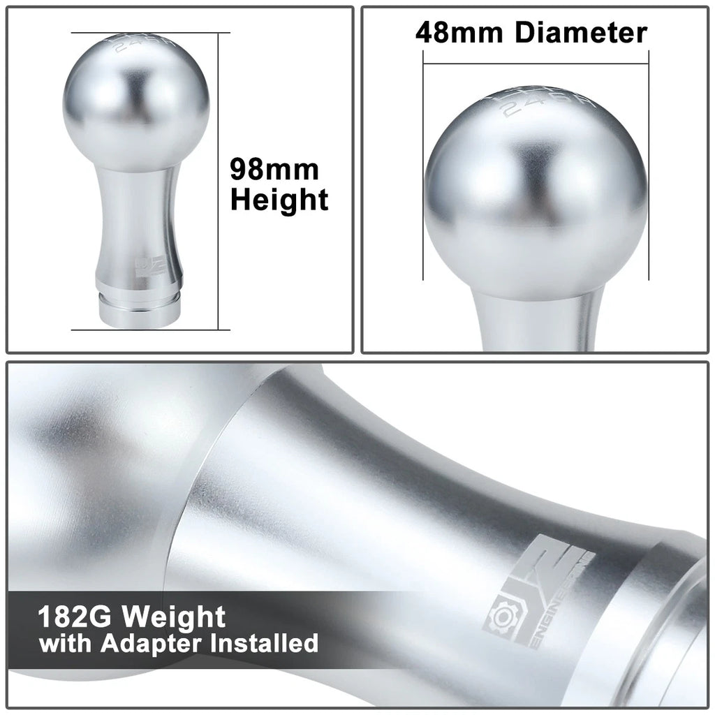 2-Piece 48mm Aluminum Silver Shift Knob w/Adapter for