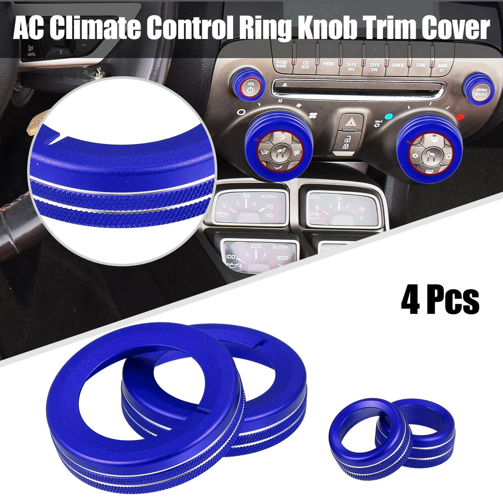 Set of 4 Blue Aluminum Alloy Center Control Ring Knob Covers for Chevrolet Camaro 