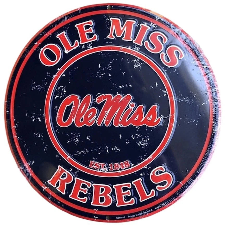 OLE MISS Rebels 12" Round Embossed Metal Sign for University of Mississippi