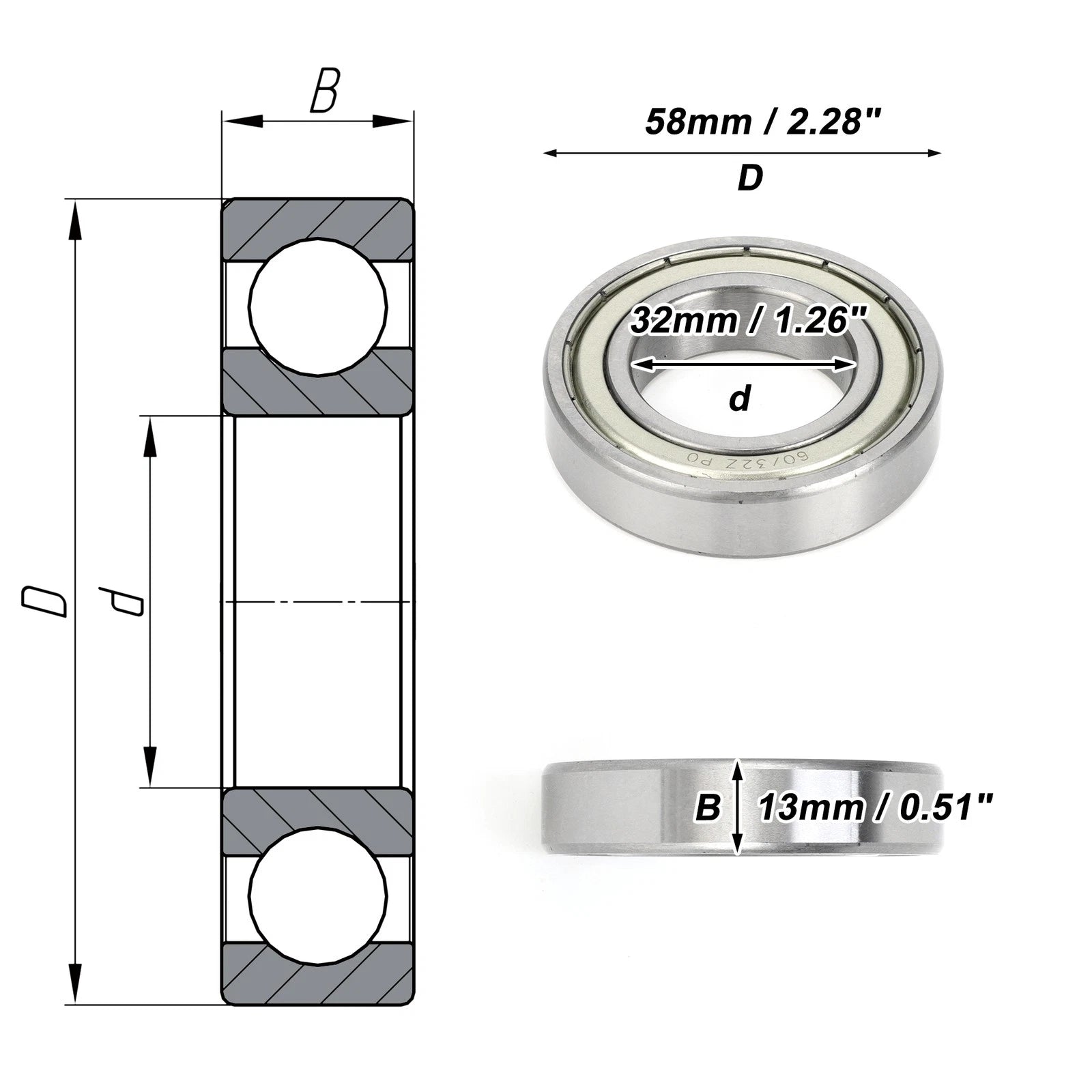 Deep Groove Ball Bearing P0 for Scooter Skateboard Wheel (32x58x13mm)