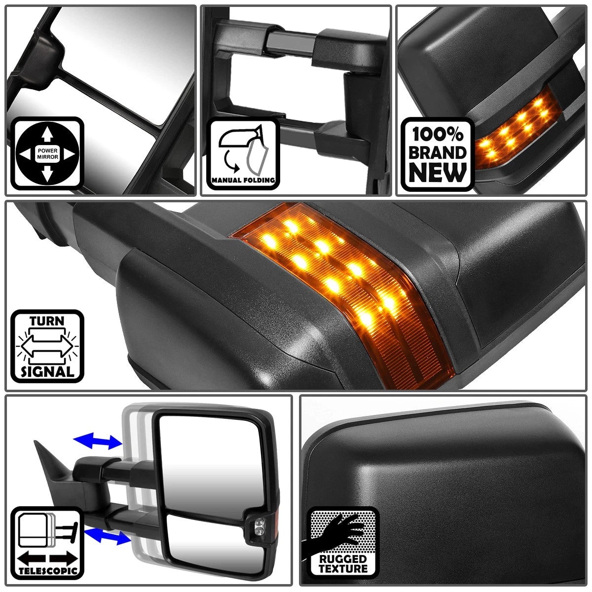 Pair Powered Amber LED Turn Signal Side Towing Mirror for Chevy GMC C/K (1988–2002)