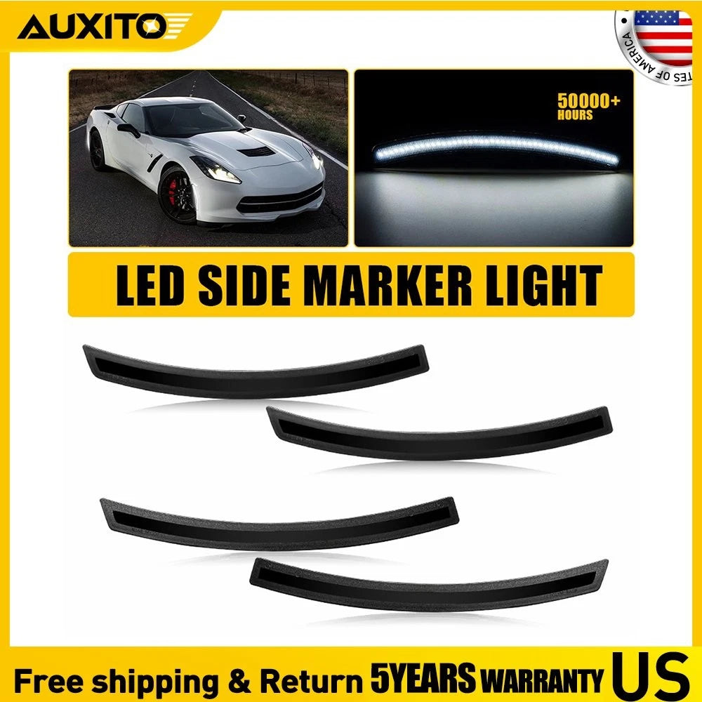 4X Smoked F&R White LED Side Marker Lights for Chevrolet Corvette C7 (2014–2019)