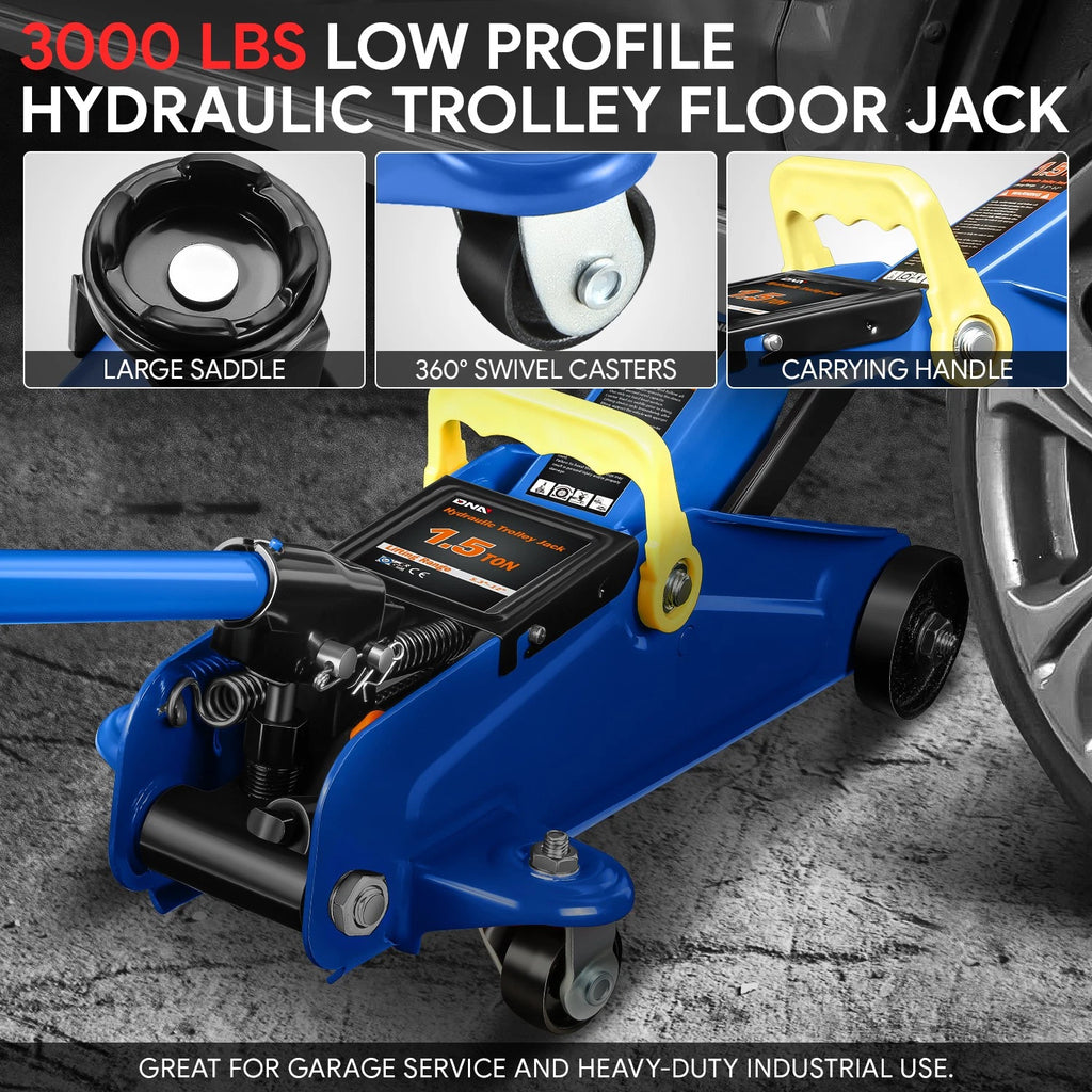 1.5 Ton Low Profile Hydraulic Floor Jack for Universal Use (5.3"-12" Lift)
