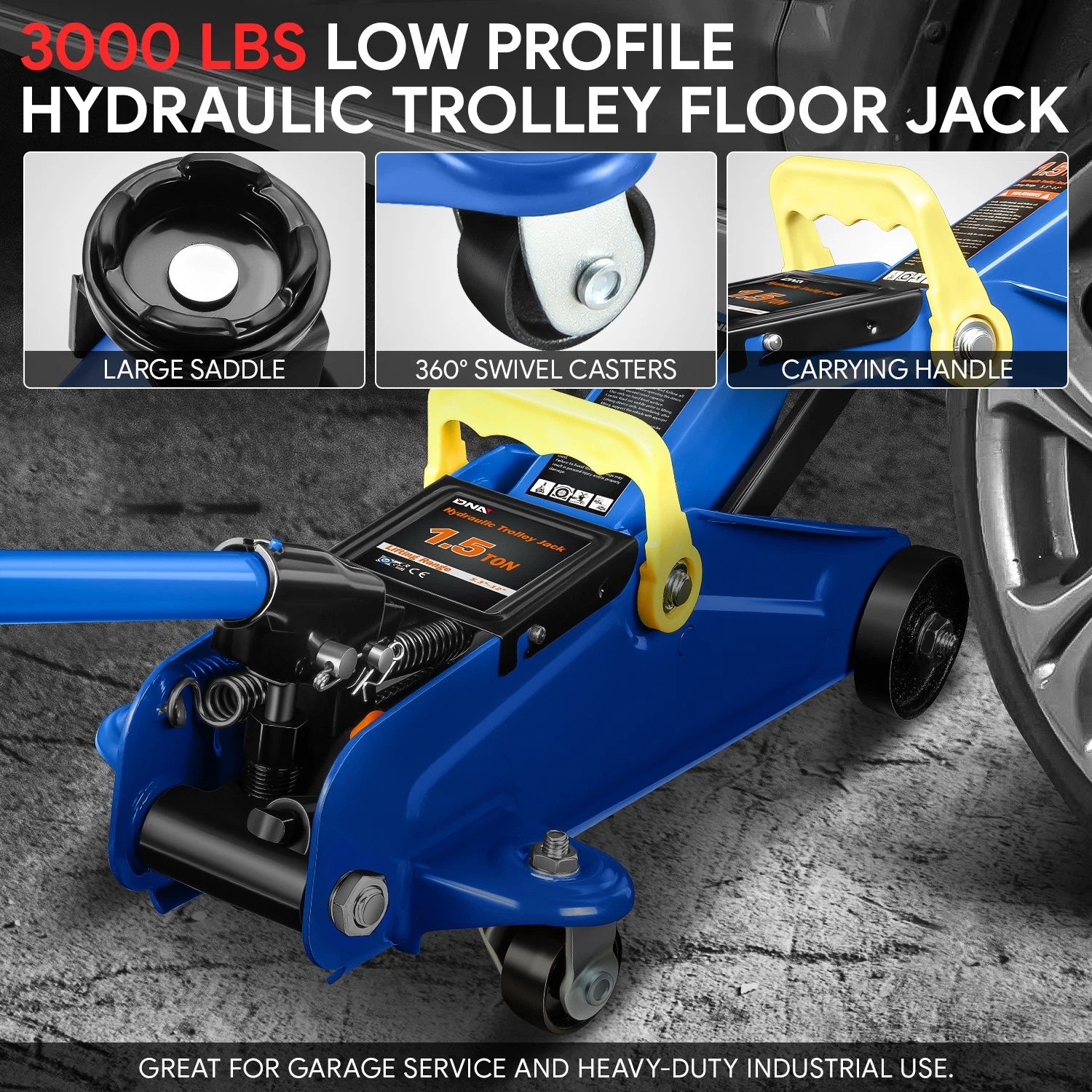 1.5 Ton Low Profile Hydraulic Floor Jack for Universal Use (5.3"-12" Lift)