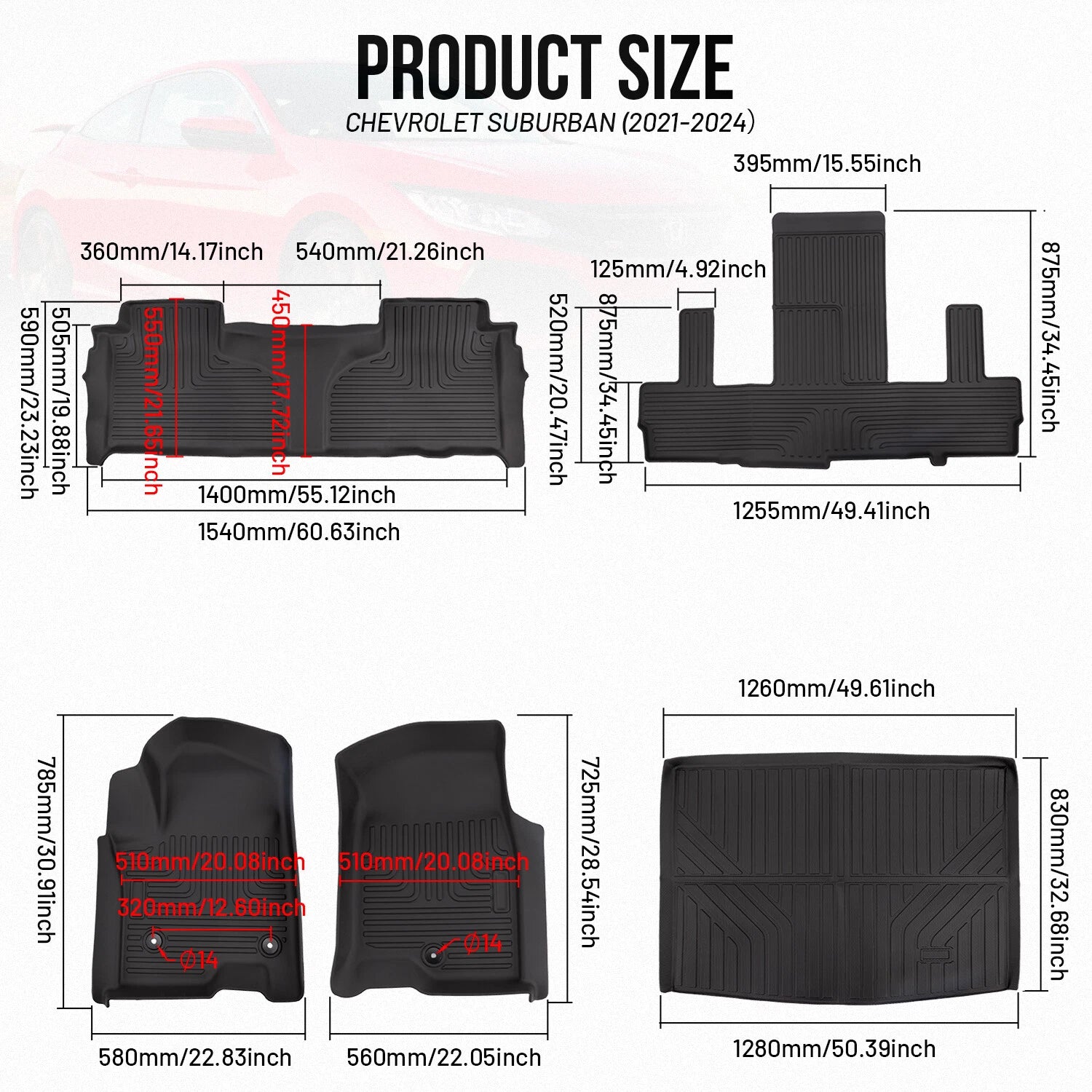 Set of 4 Floor Mats & Rear Cargo Liner for 2021–2024 Tahoe Yukon Escalade