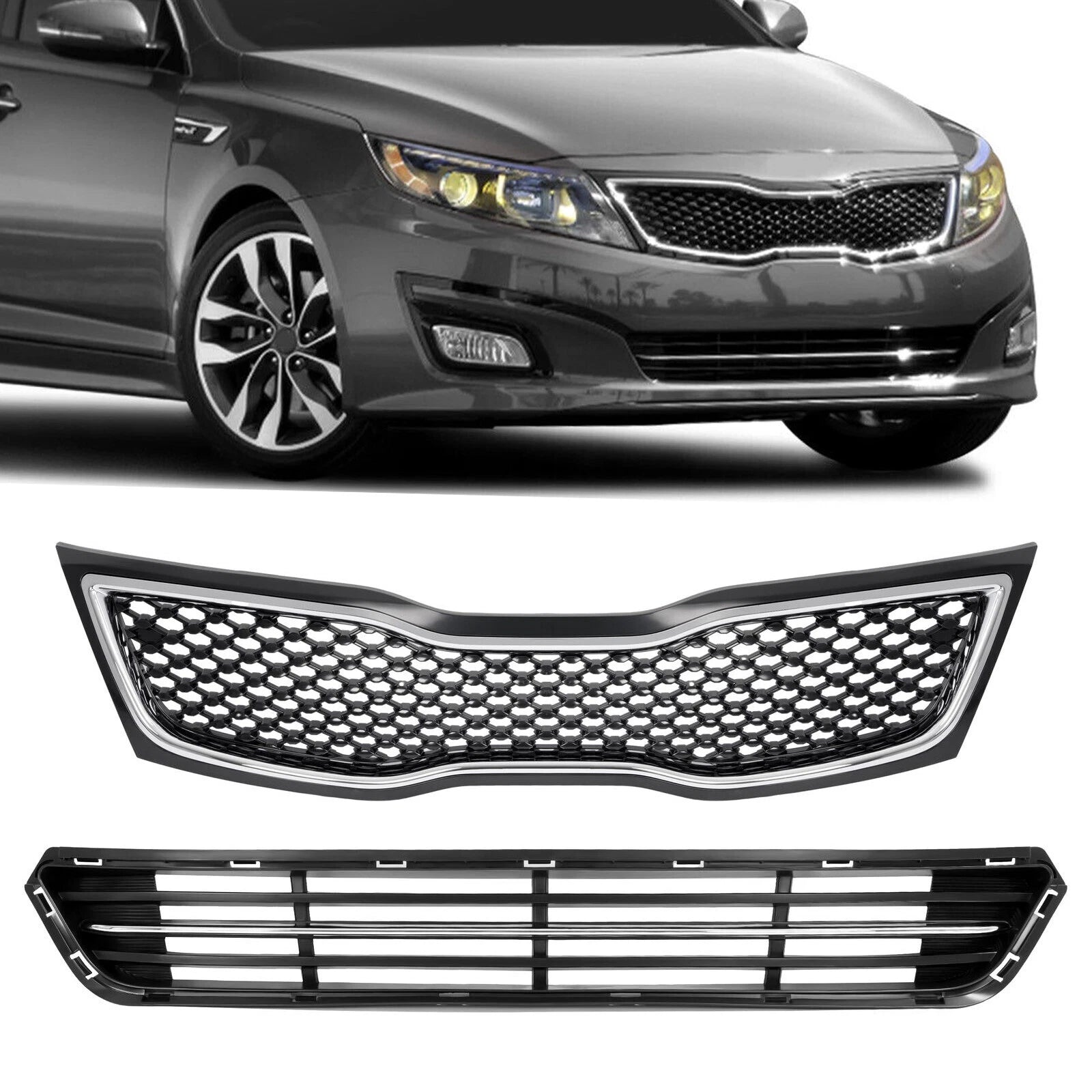 2Pcs Front Upper & Lower Bumper Grille Grill for Kia Optima (2014–2015)