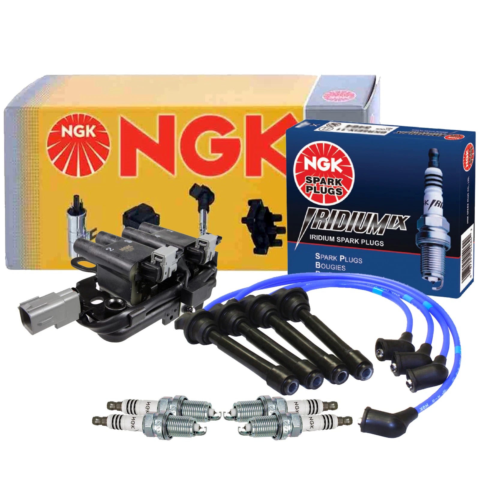 Set of 4 NGK DIS Ignition Coil Wires & Iridium IX Spark Plugs for Hyundai Kia (2.0 L4)