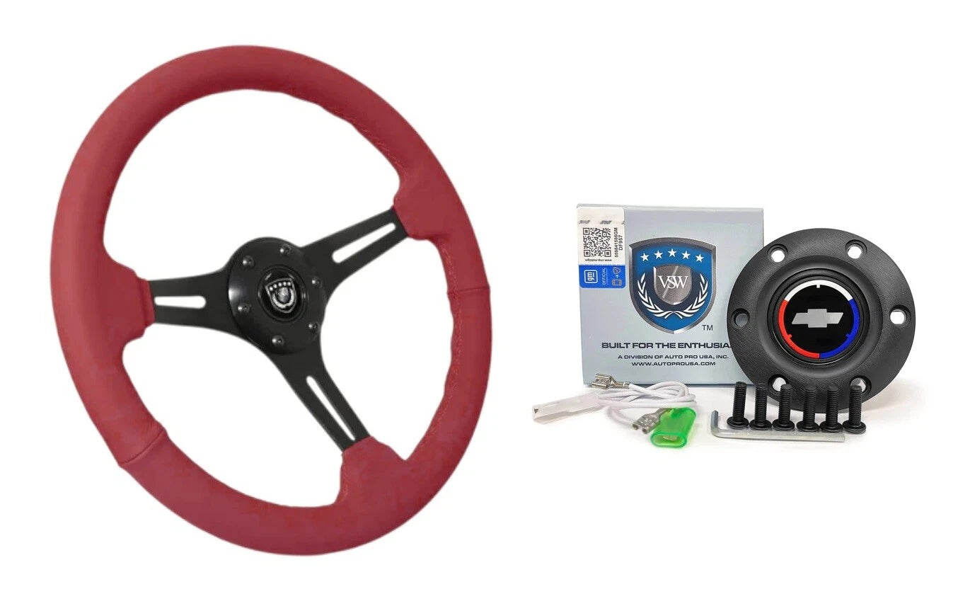 6 Hole Slotted Steering Wheel Red Leather Black for Chevy Bowtie (14 inch)