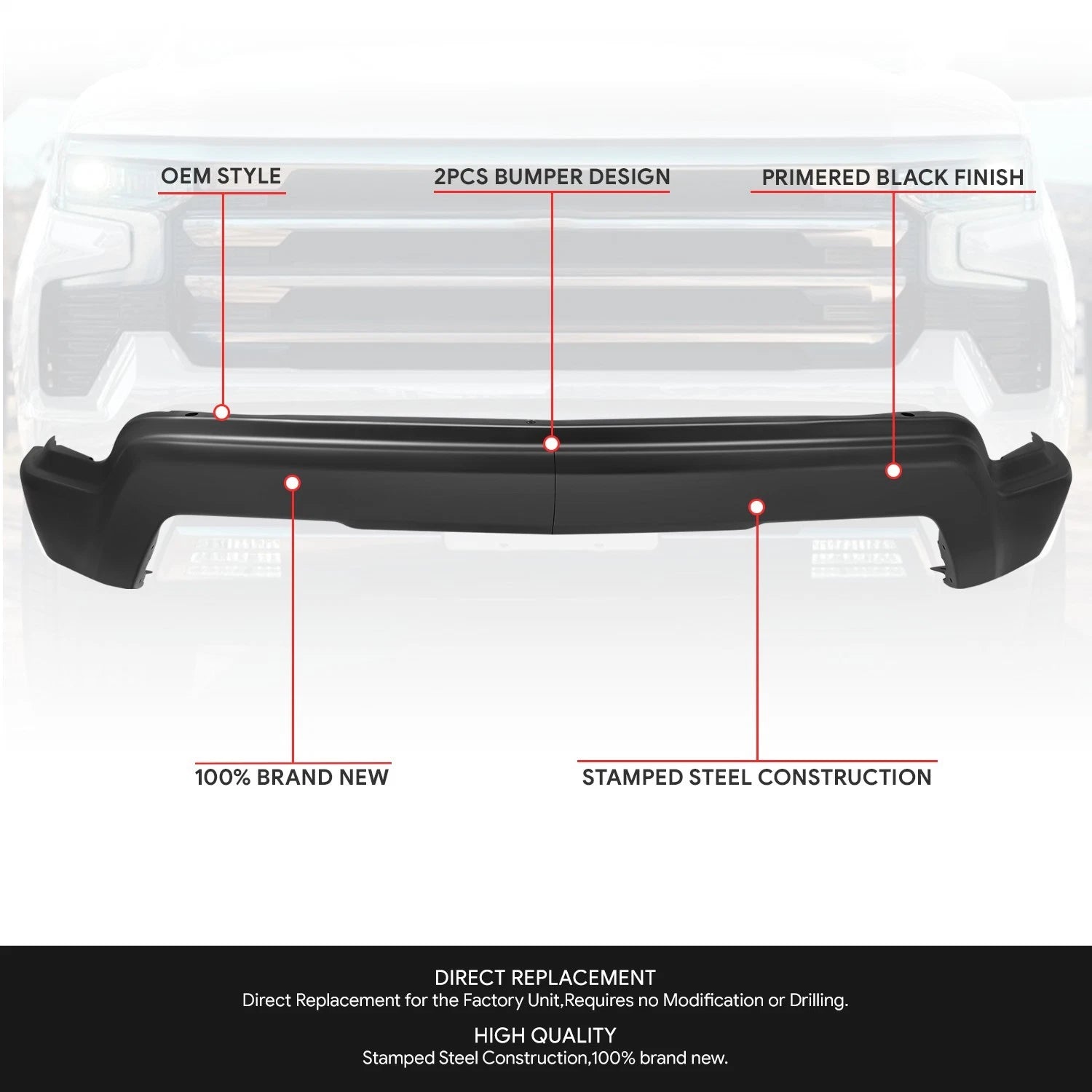 Front Bumper Face Bar for Chevrolet Silverado 1500 (2022–2025) Black