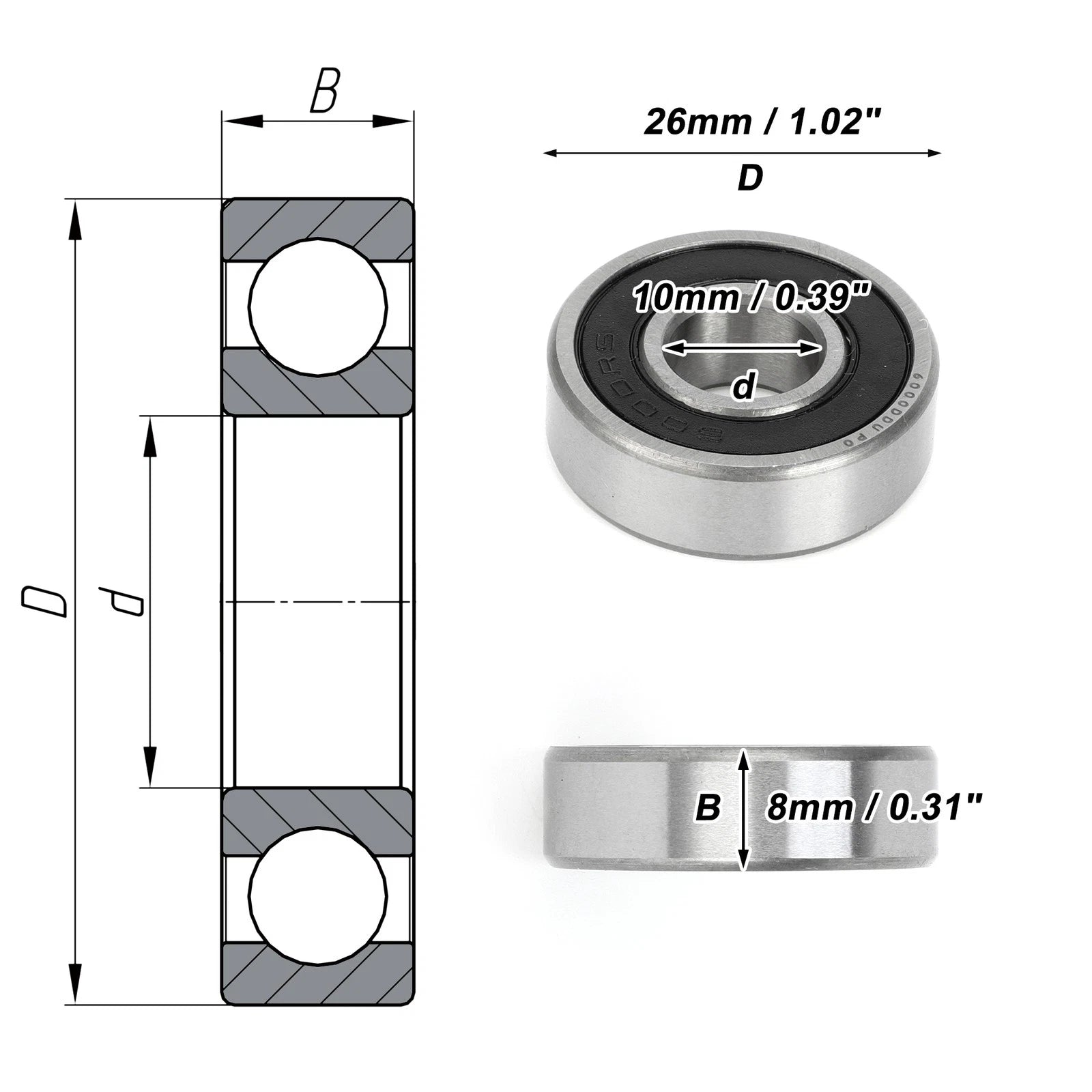 Deep Groove Ball Bearing 10x26x8mm for Scooter Skateboard (P0)