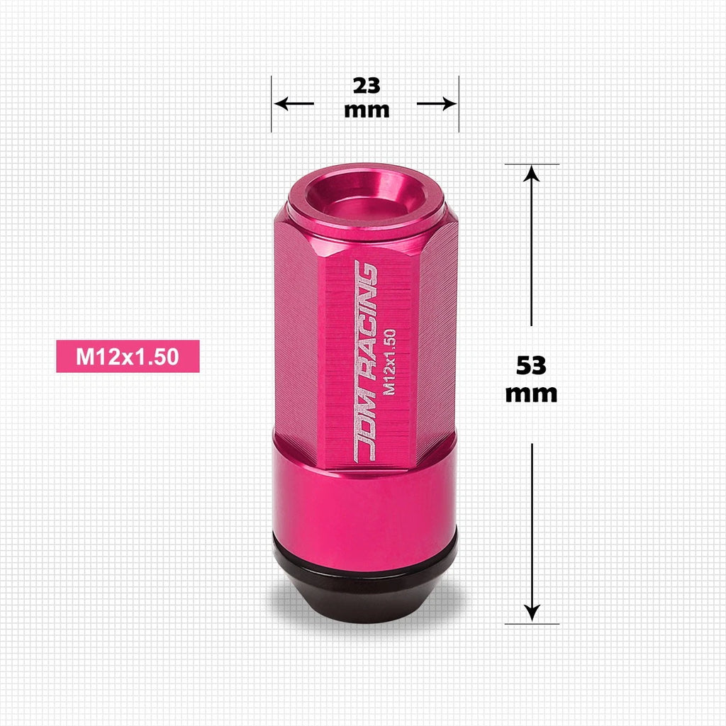 Set of 20 M12X1.5 Pink JDM Cone Seat Hex Wheel Lug Nuts with Cap & Extension