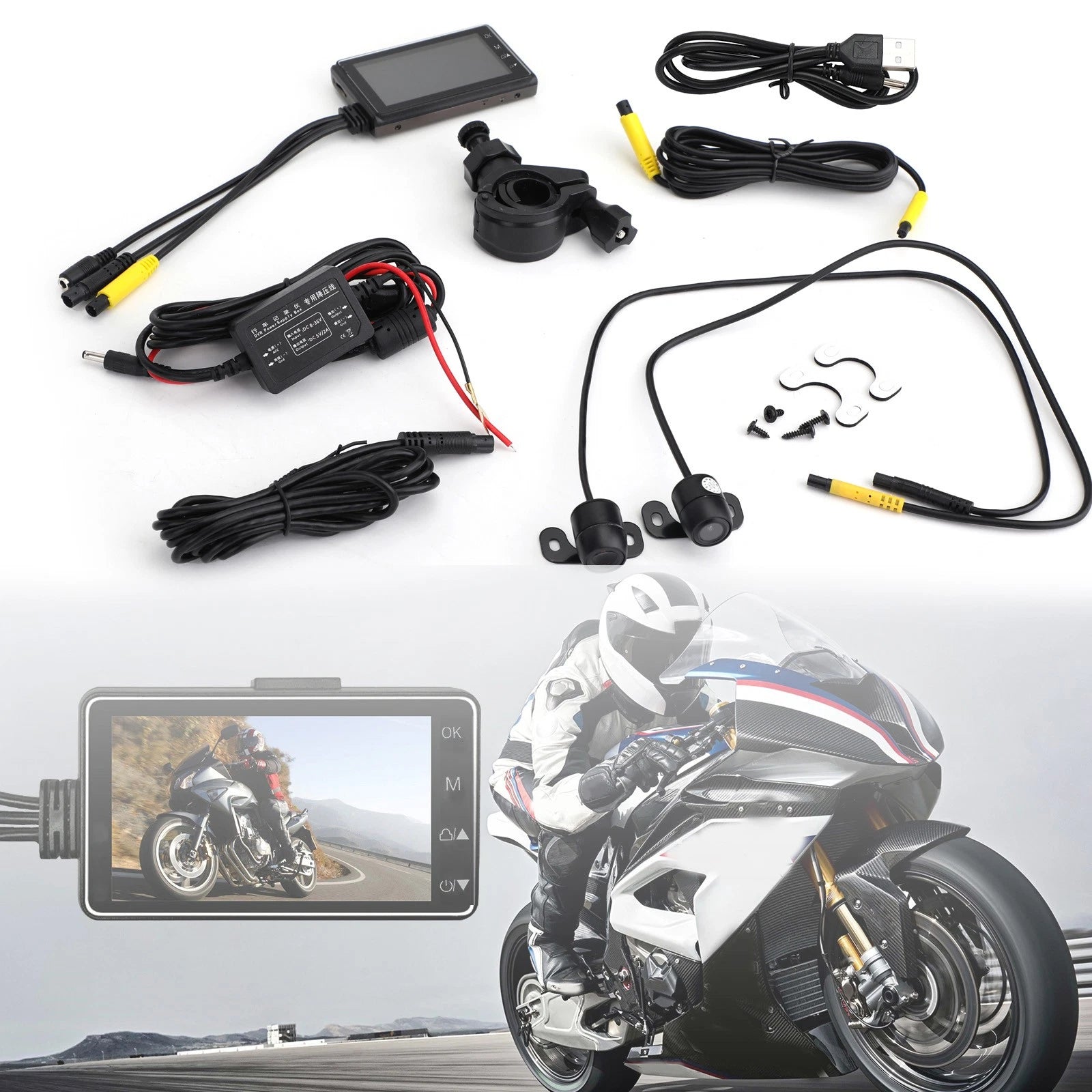 Motorcycle DVR Video Recorder with 1080P Front & Rear View Cameras