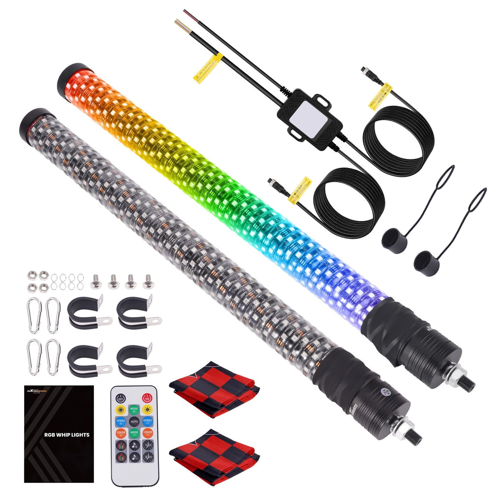 Pair 2ft RGB Spiral LED Whip Lights Antenna Chase + 2 Flag & Remote for ATV UTV
