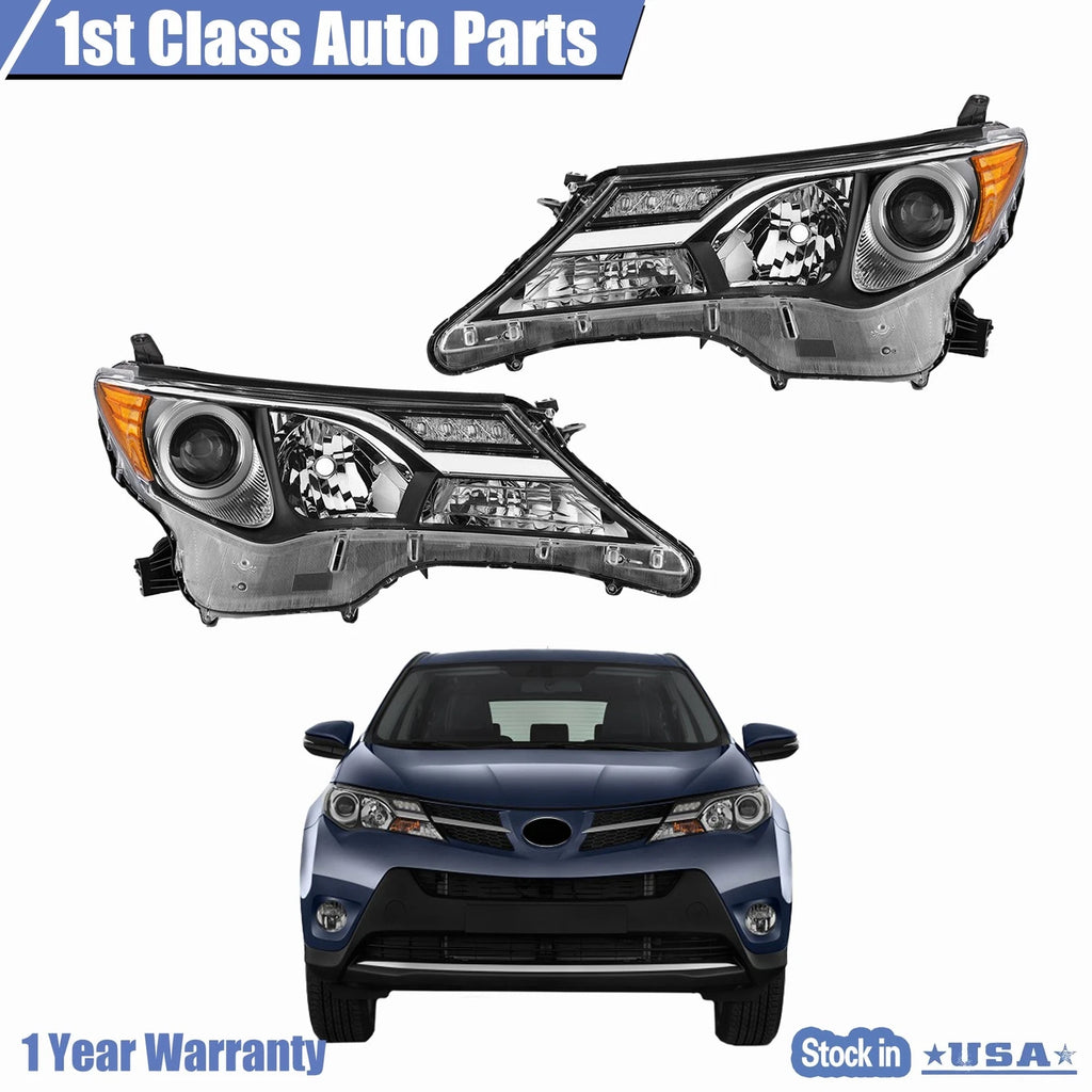 Set of 2 Halogen Headlights with Chrome Housing for Toyota RAV4 (2013–2015)