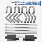 16Pcs Exhaust System Kit with Mufflers & Clamps for Hot Rod (DIY)