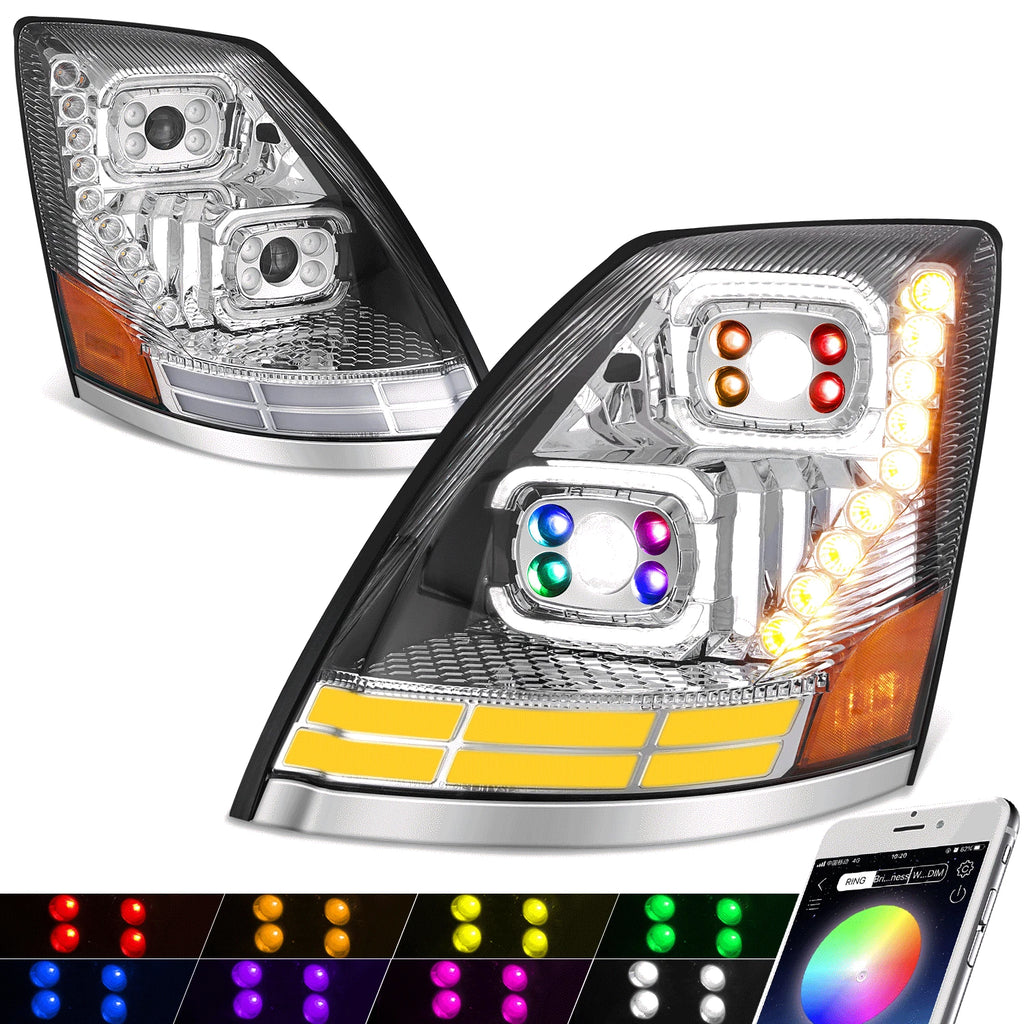 Chrome Amber LED Reflector Headlights for Volvo VN/VNL 300/400/430/630/740 (2018–2024)