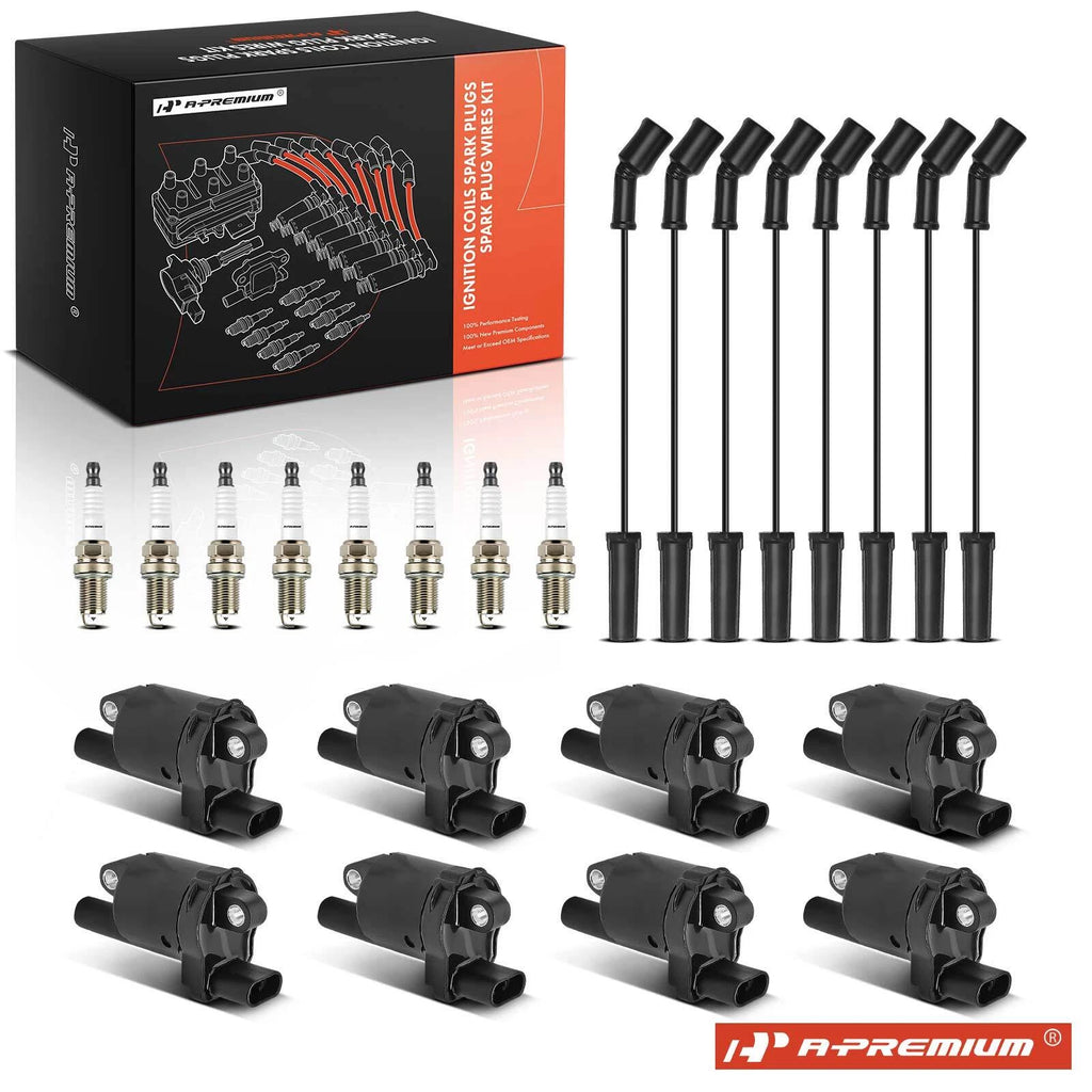 Set of 8 Ignition Coils, Iridium Spark Plugs & Wires for Chevy GMC
