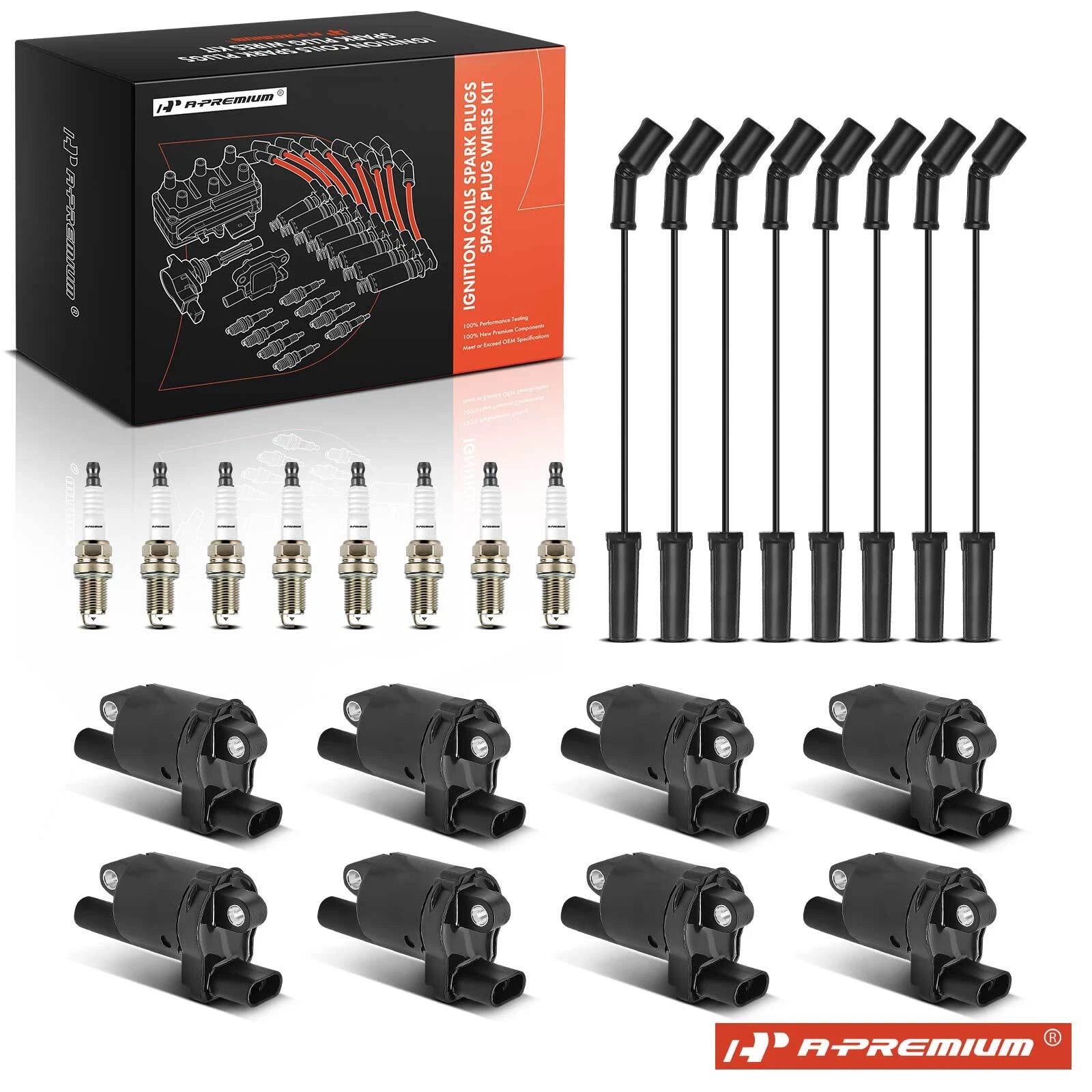 Set of 8 Ignition Coils, Iridium Spark Plugs & Wires for Chevy GMC