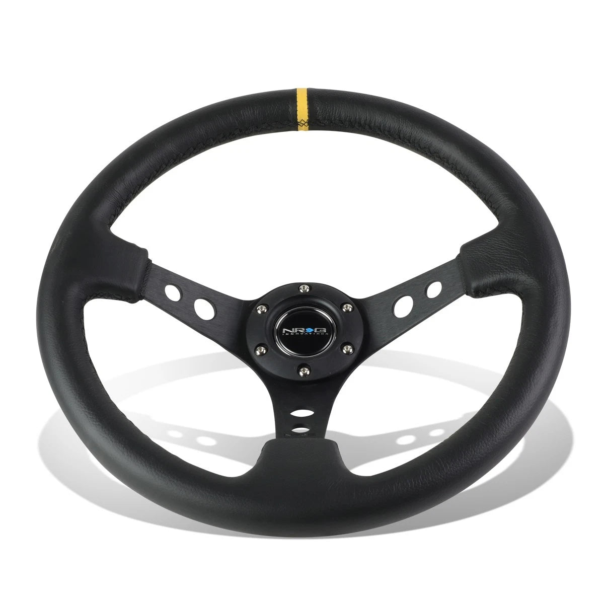 NRG Reinforced Steering Wheel 35cm Deep Dish Black Leather w/Yellow Stripe for Universal