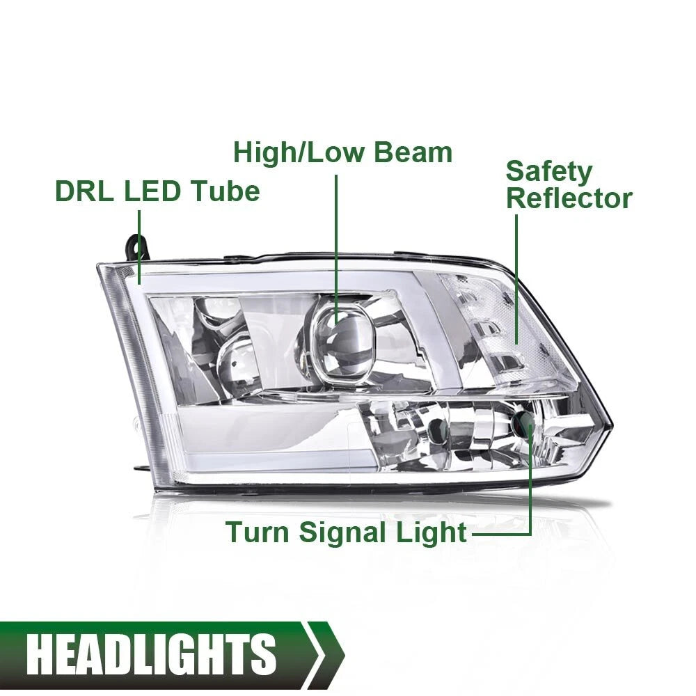 Chrome LED DRL Projector Headlights for Dodge Ram 1500 2500 3500 (2009–2018)