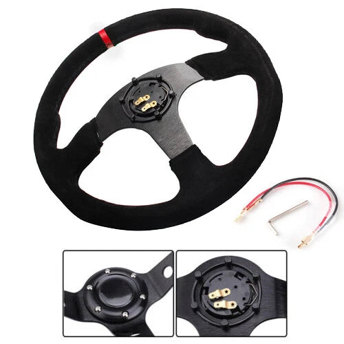 14 Inch Racing Steering Wheel for Universal Vehicles (350mm, Suede, Red)