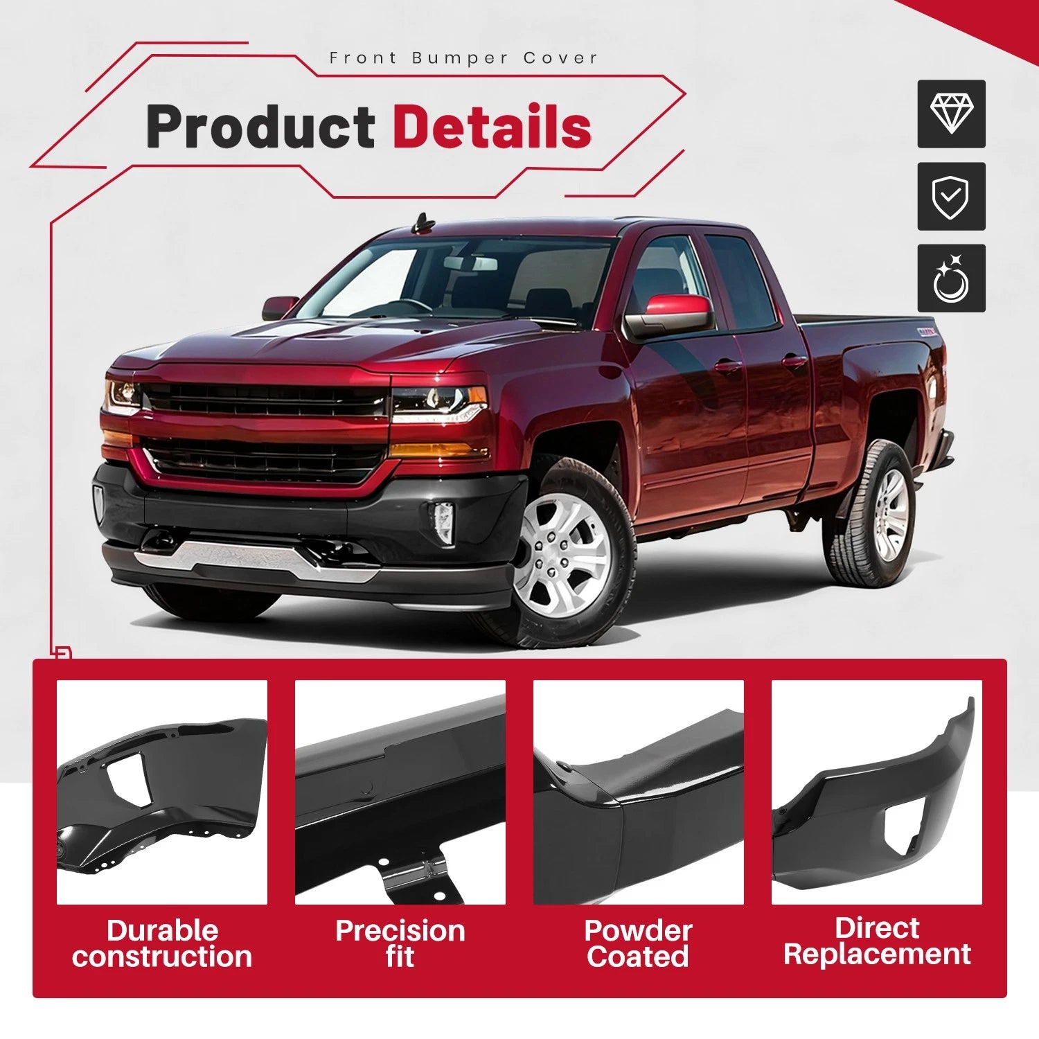 Front Bumper Cover for Chevy Silverado 1500 (2016–2019) w/Fog Light Holes