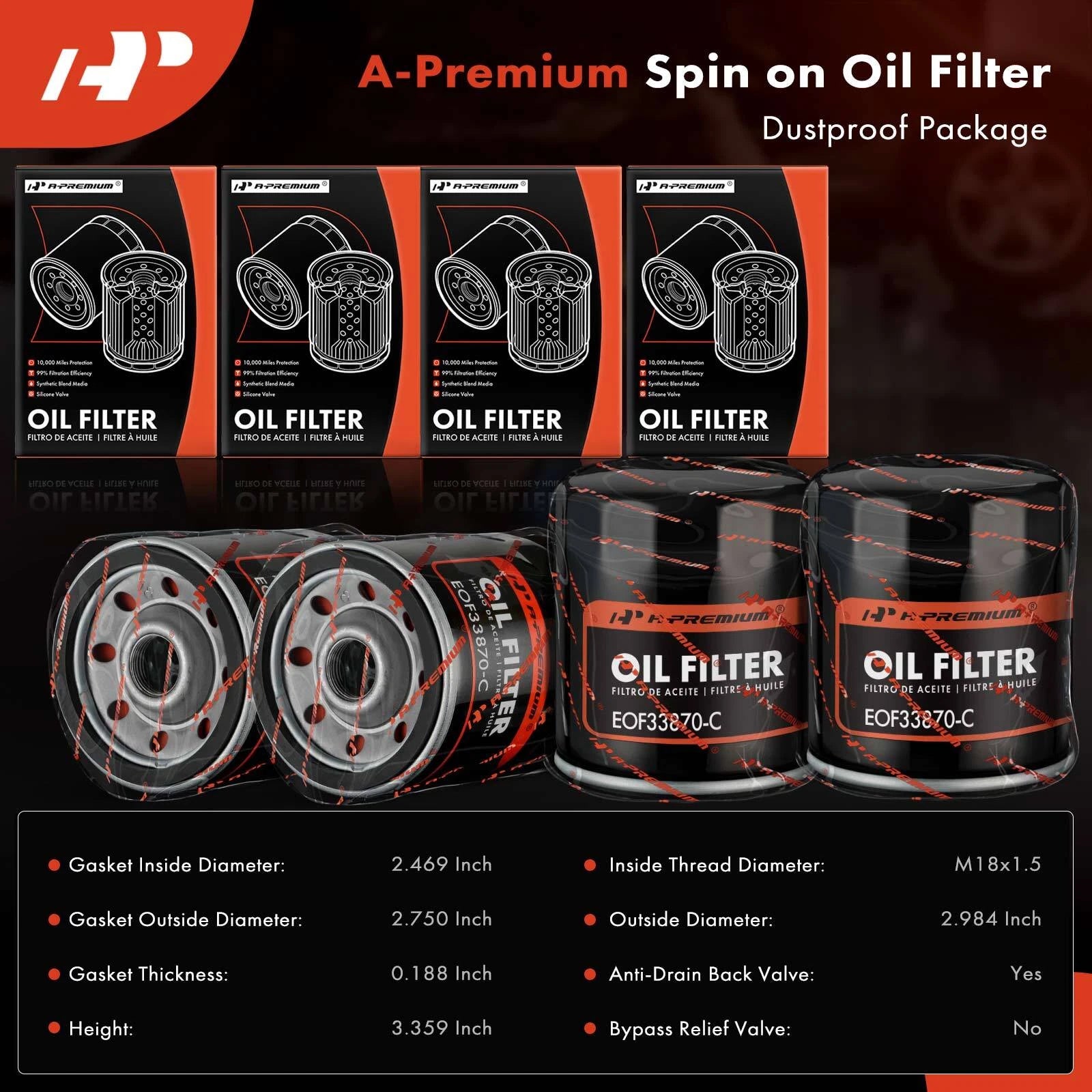 Set of 4 Engine Oil Filters for Jeep Cherokee (1984–1986) Suzuki Forenza (2004–2008)