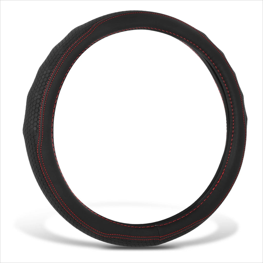 Steering Wheel Cover for Universal Fit (14.5-15") - Black Hexagon, Red Stitching