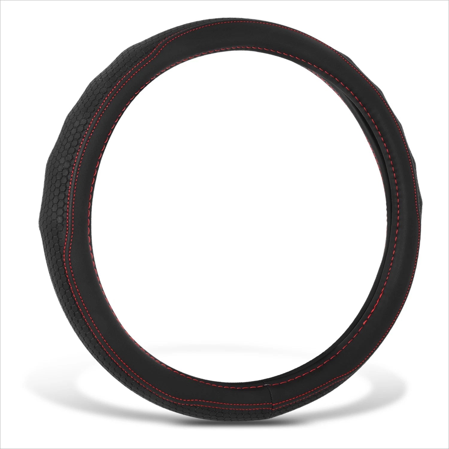 Steering Wheel Cover for Universal Fit (14.5-15") - Black Hexagon, Red Stitching