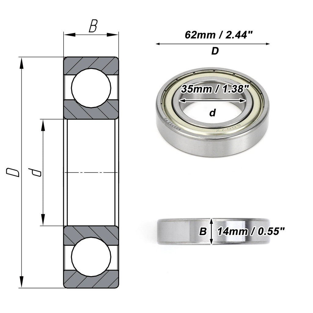 6007ZZ Deep Groove Ball Bearing for Scooter Skateboard Wheel (P0 35x62x14mm)