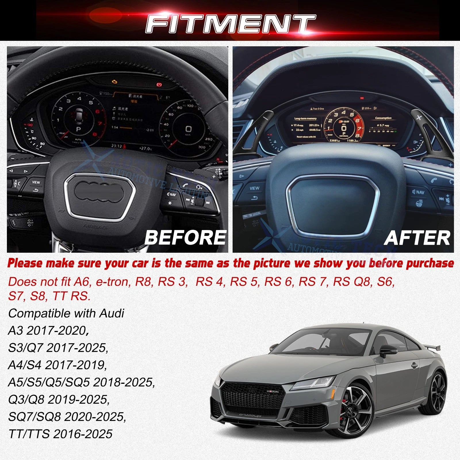 Black Aluminum Paddle Shifter Extension Kit for Audi A3 A4 A5 (2015-2019)