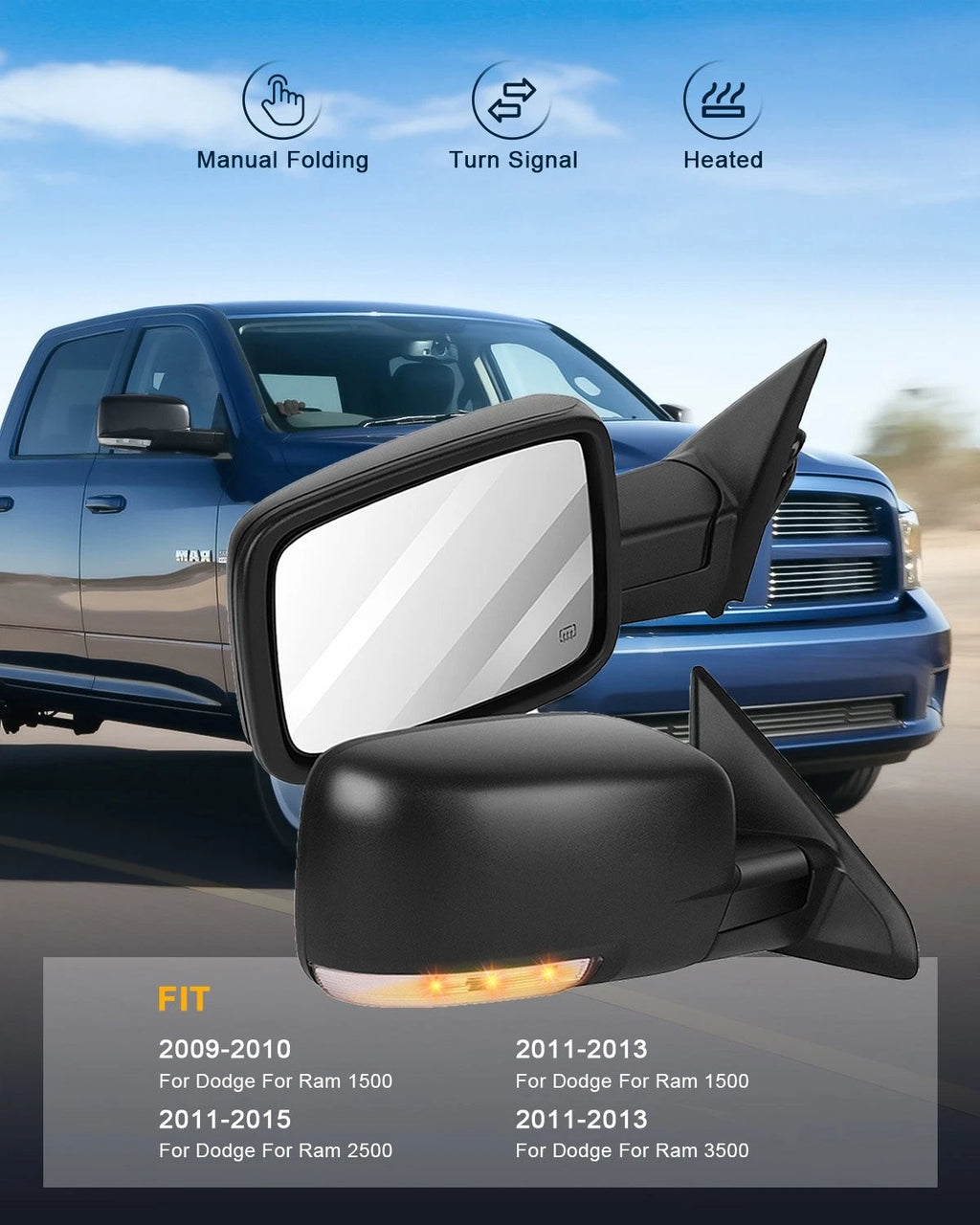 Pair Power Heated Mirrors with Puddle Light Signal for Dodge Ram 1500 (2009–2017)