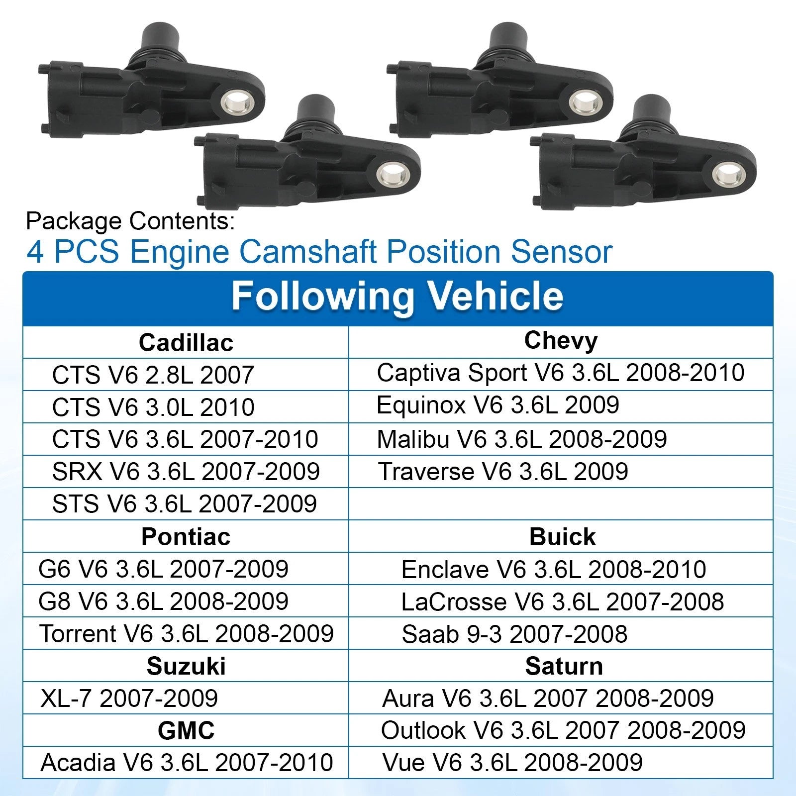 Set of 4 Camshaft Position Sensors for Chevrolet GMC Pontiac Cadillac Saturn