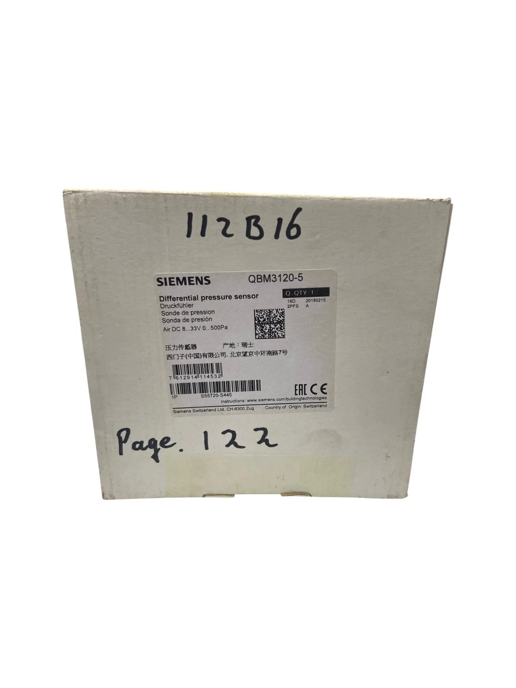 Siemens QBM3120-5 Air Duct Differential Pressure Sensor for DC 8-33V (0-500Pa)