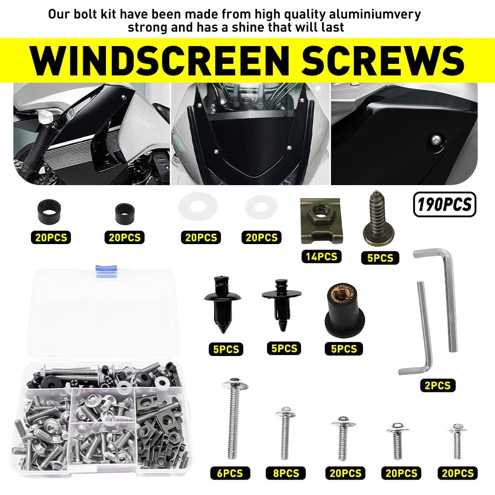 Set of 190 Silver Fairing Bolts Kit for Yamaha YZF R1 (1998–2021), R6 (1999–2020)