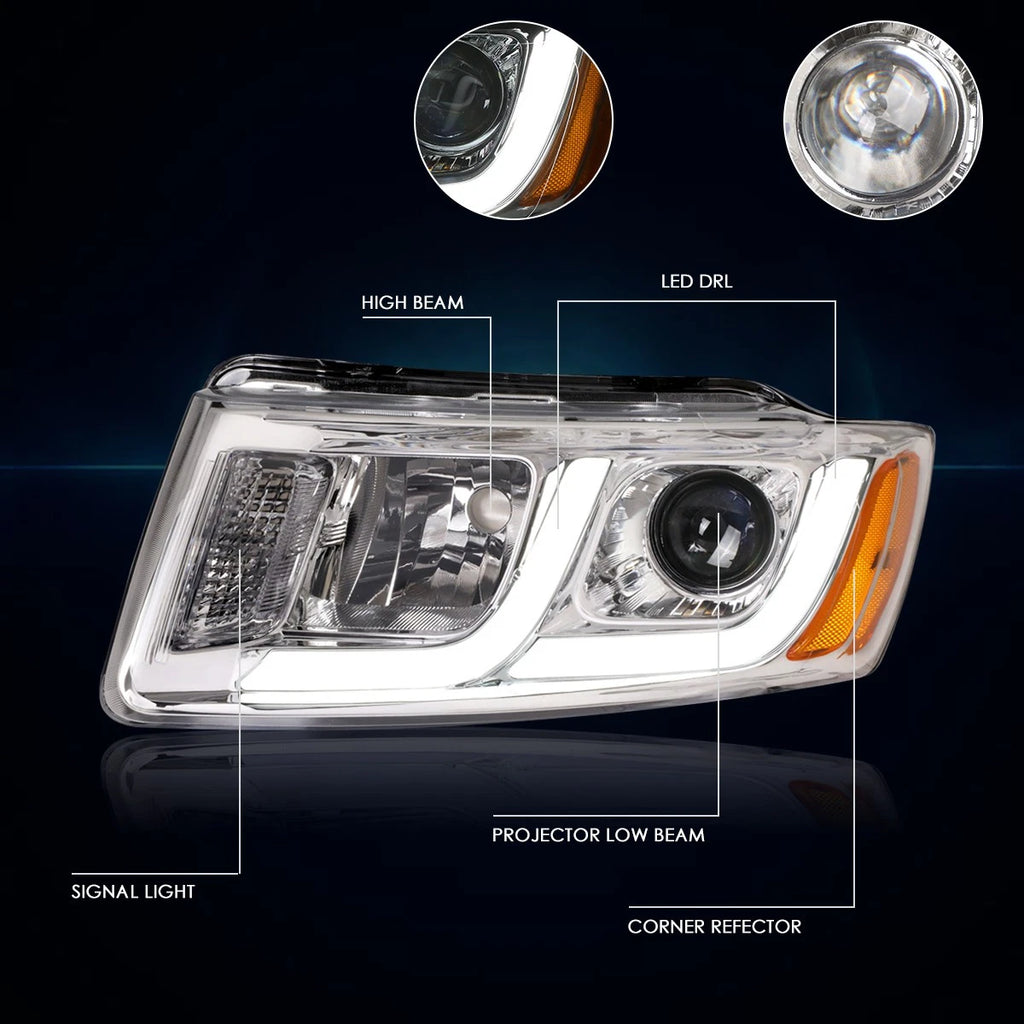 LED DRL Bar Projector Headlights for Jeep Grand Cherokee (2014–2016) Chrome Amber