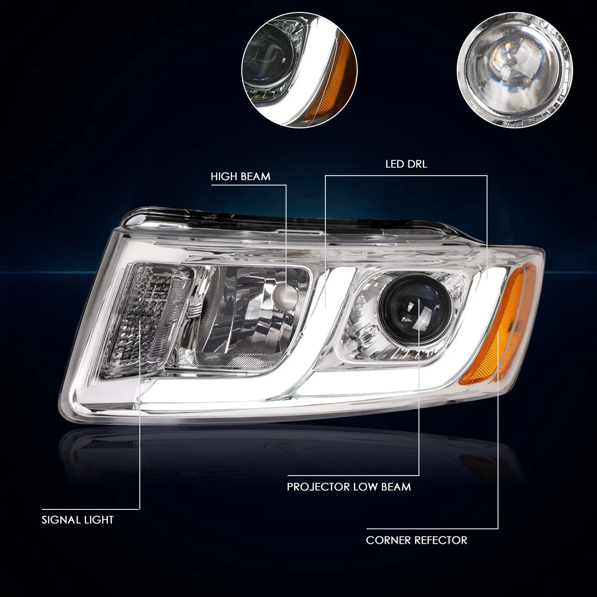 LED DRL Bar Projector Headlights for Jeep Grand Cherokee (2014–2016) Chrome Amber